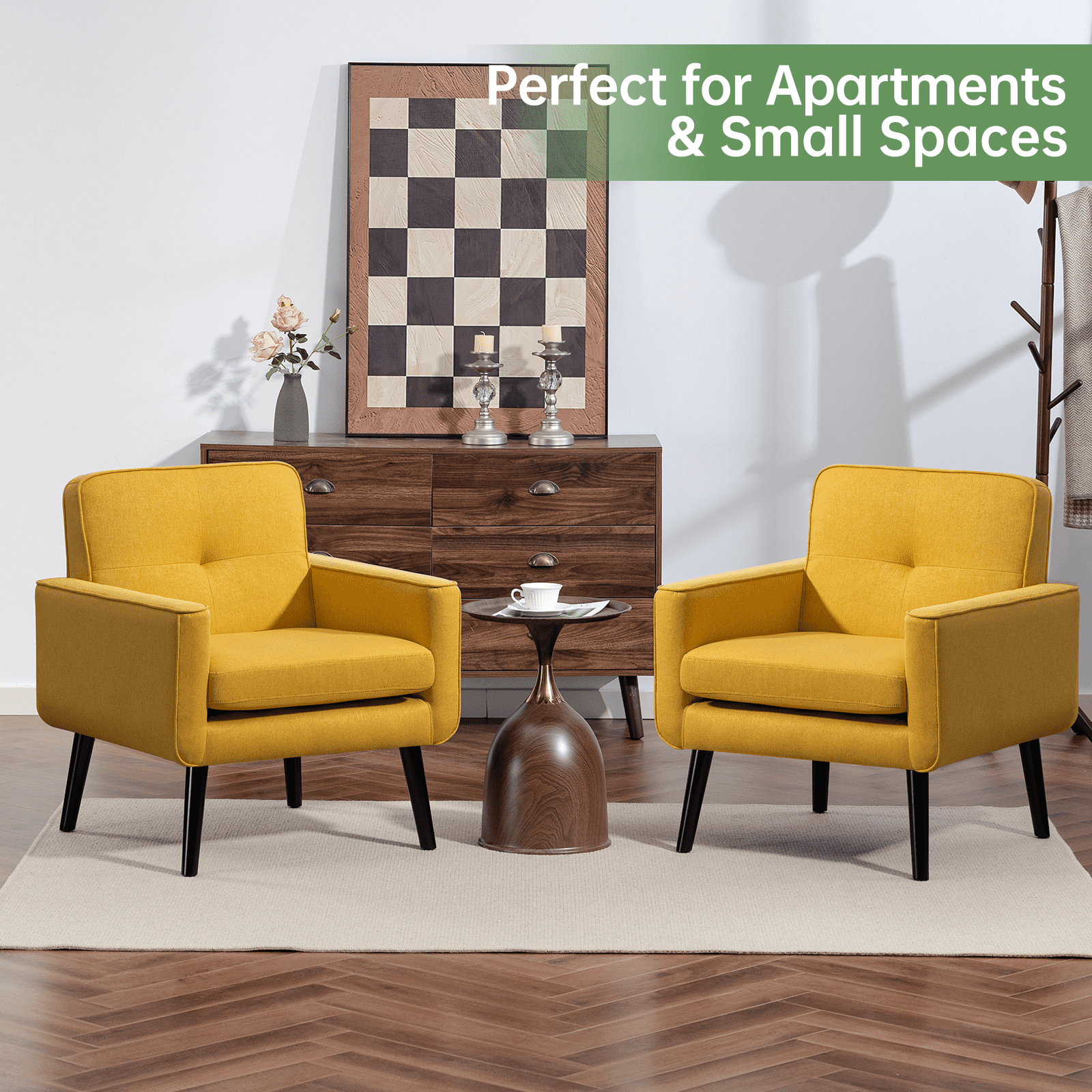 Mid-Century Modern Accent Chairs Set of 2 Upholstered Fabric Armchairs with Button Tufted Back and Solid Wood Legs, Cozy Side Chairs for Living Room, Bedroom, Office, or Cafe (Yellow)