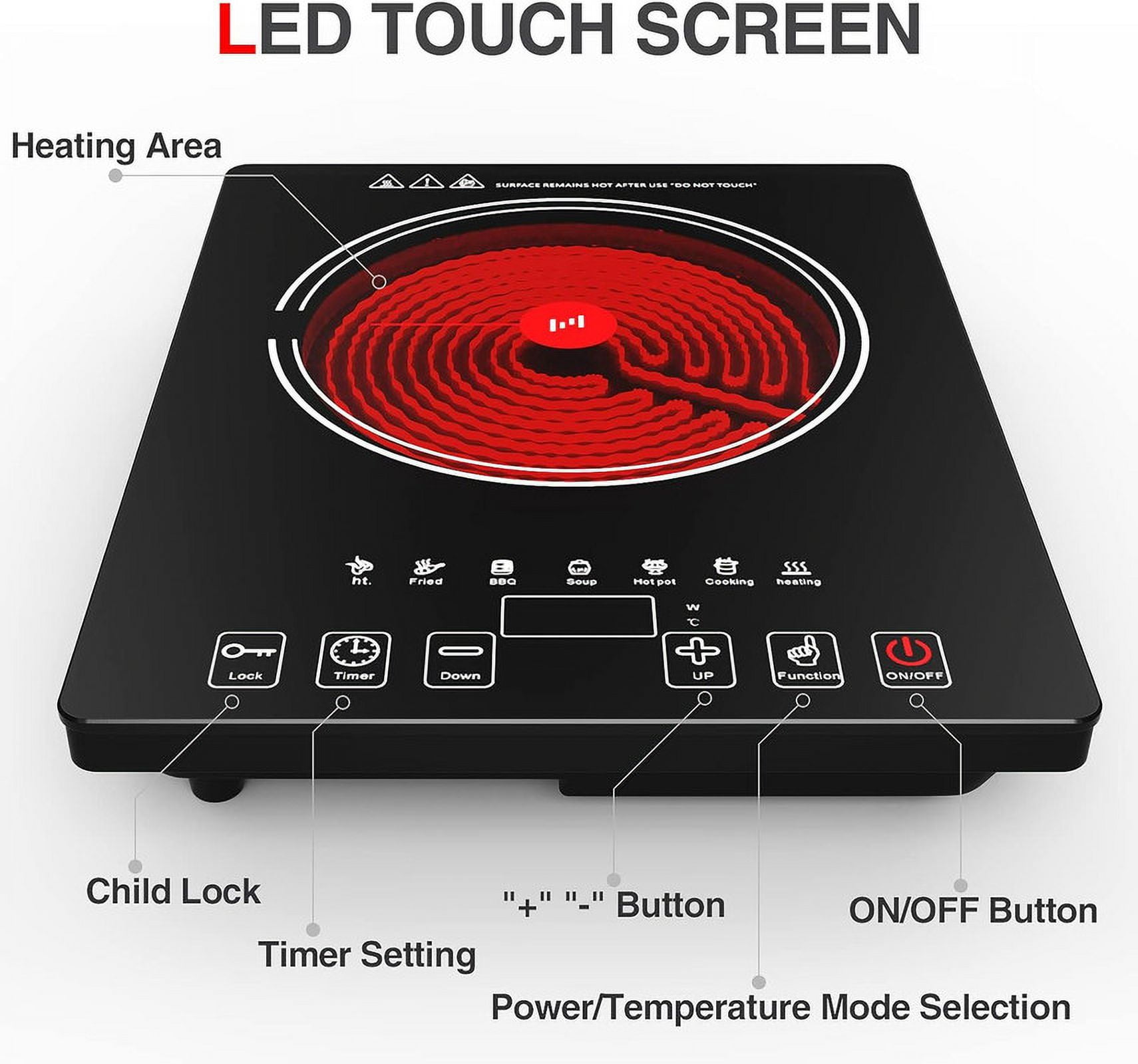 VBGK Electric Cooktop, 1800W Portable Single Burner Ceramic Stove with LED Touch Screen, 8 Power & Temp Levels, Timer for Home, Dorm or RV Kitchen Use