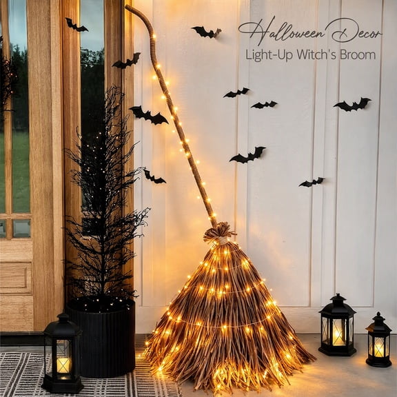 63 Inch Tall Witch Broom with LED Light Realistic Witches Broom Costume Prop Halloween Decor Brown Brooms Cosplay Prop Wizard Staff Witch Accessories for Halloween Witches Decor