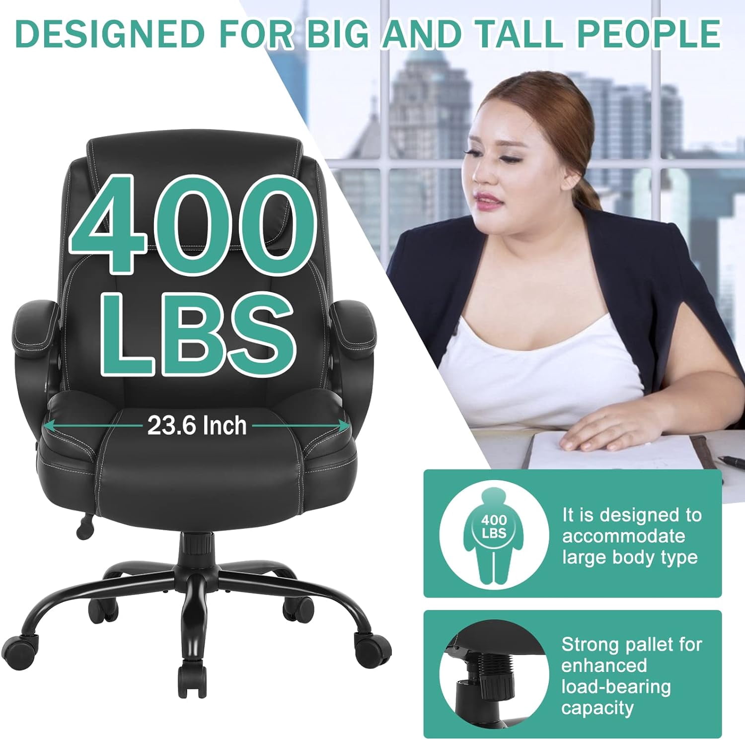 Dkelincs Big and Tall Large Office Chair 400 lbs Wide Seat Ergonomic Computer Desk Chair with Lumbar Support Armrest Headrest, Black
