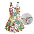 thumbnail image 5 of Xixirimido Vibrant Retro Hippie Flower Print Girls Swimsuits One Piece Sleeveless Swimwear with Skirt Modest Bathing Suit with Built-in Shorts Beach Vacation Swim Dress, 10-11 Years, 5 of 7