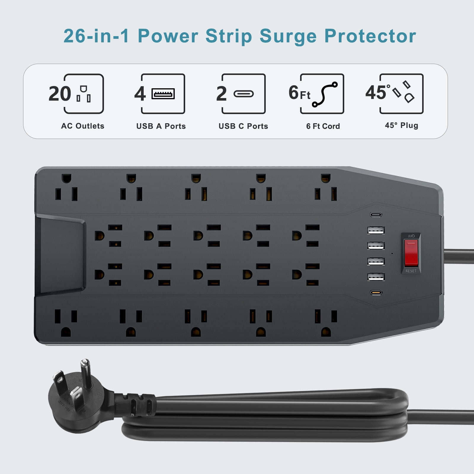 ZHANGONG 2000J Surge Protector Power Strip with 20 Outlets & 6 USB Ports (2 USB-C), 15A 1875W, 6.5ft Extension Cord, Flat Plug, Wall Mountable for Home Office Desk