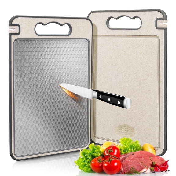 Vesteel Stainless Steel Cutting Board, 14” x 10” Double-Sided Chopping Board, Mesh Design Stainless Steel and Wheat Straw PP for Kitchen, Non Toxic & Scratch Resistant