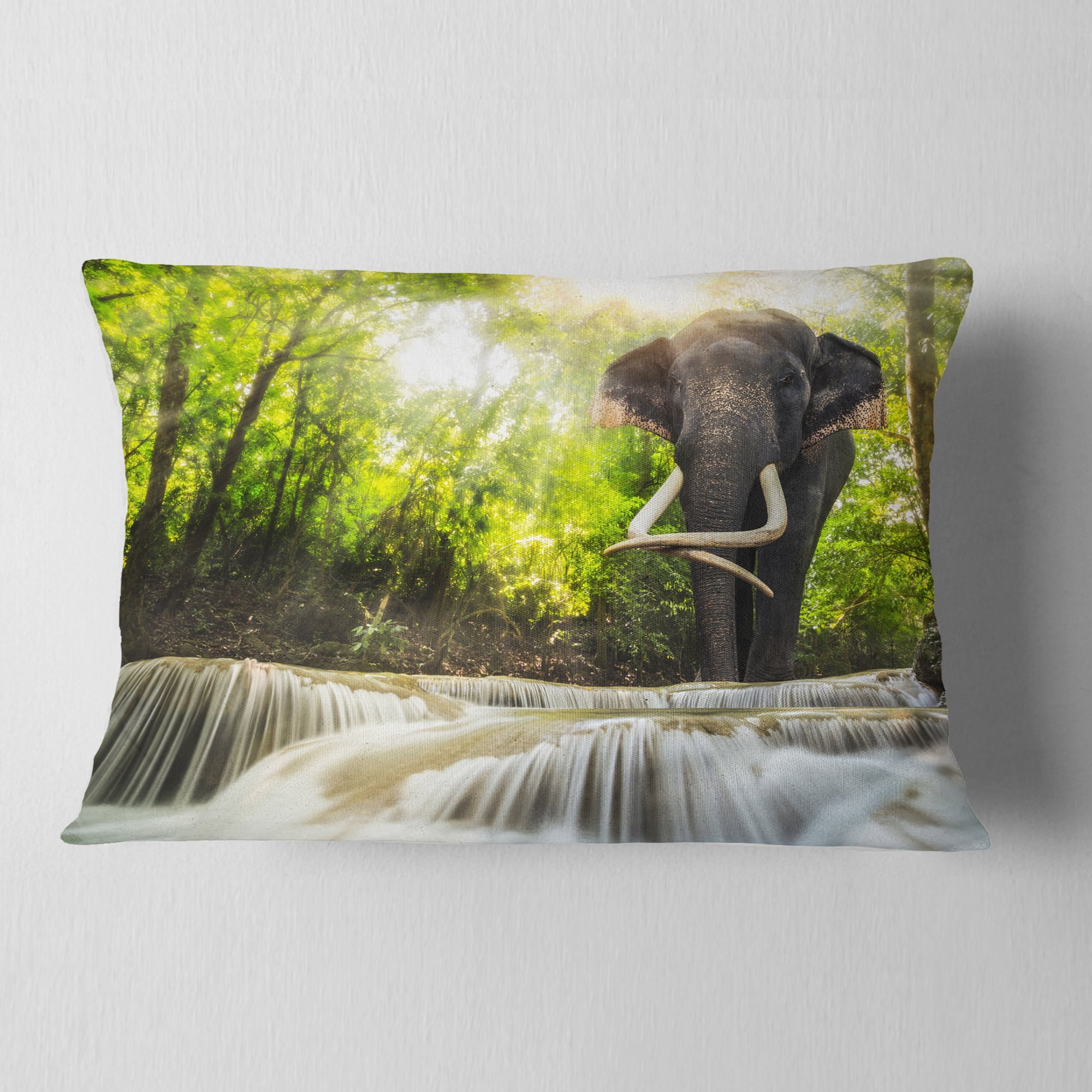 Designart Erawan Waterfall with Elephant - Photography Throw Pillow - 12x20
