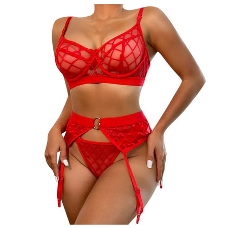 

EHTMSAK Babydoll Mesh Lingerie for Women Sexy Teddy Bra and Panty Sets Christmas Costume See Through Lingerie Set with Garter Red XL