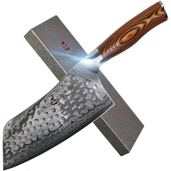TUO Cutlery Couteau Couperet - Fini Martelé en Acier Damas Japonais AUS-10 - Couteau de Chef Chinois pour Viande et Légumes avec Manche Ergonomique en Pakkawood - 7 Pouces - Fiery Phoenix Series