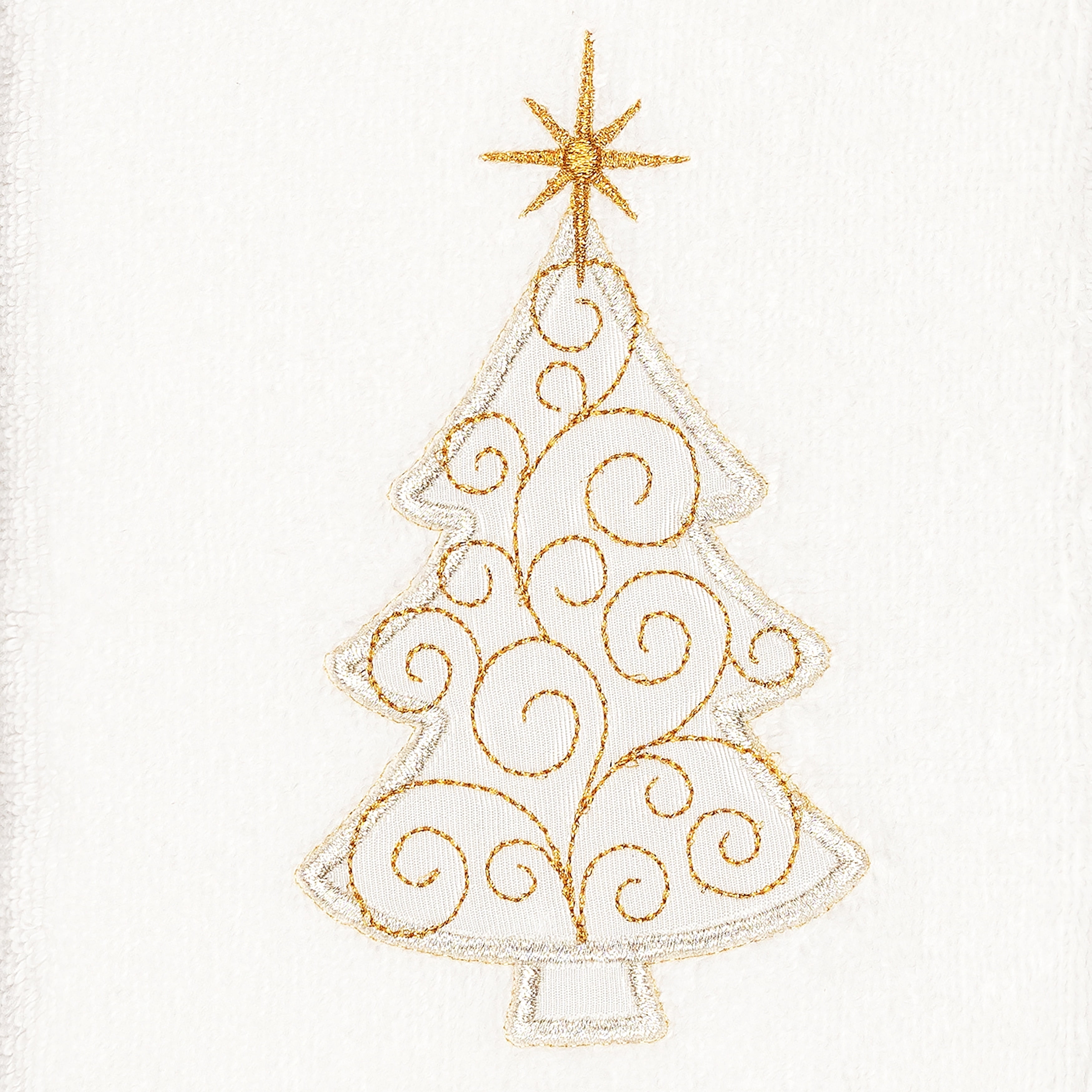 Linum Home Christmas Scroll Tree Party Embroidered White Turkish Cotton Hand Towels - Set of 2