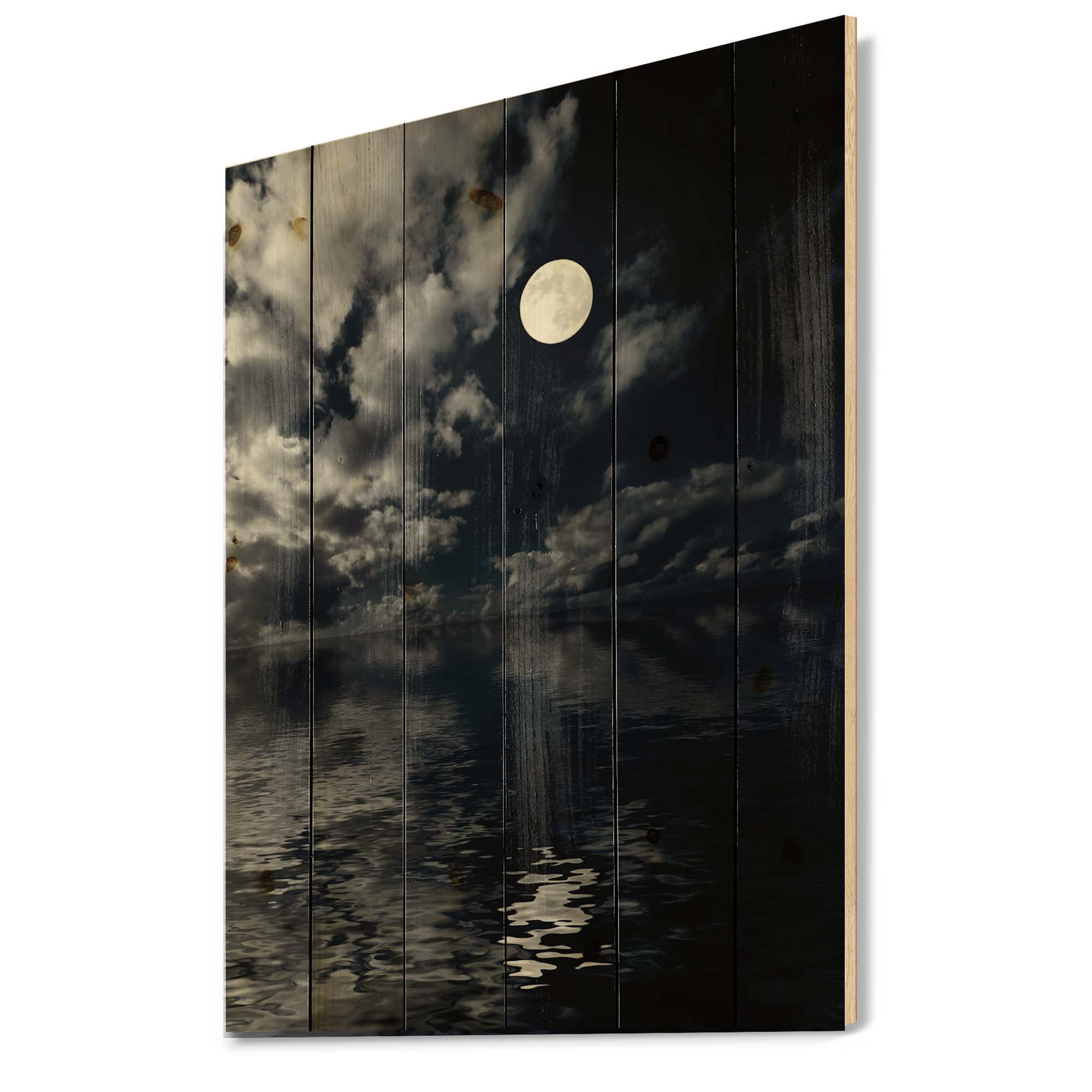 Designart 'Full Moon Night in Cloudy Sky IV' Nautical & Coastal Print on Natural Pine Wood