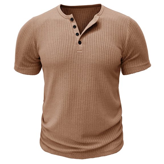WREESH High-Elastic Henley T-Shirts Men's Solid Color Casual Fashion Short Sleeve Workout Tops Khaki