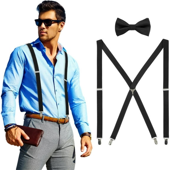Men's Suspender and Bow Tie for Wedding,1 Inch Wide Adjustable Elastic Leather Braces for Casual&Fomal