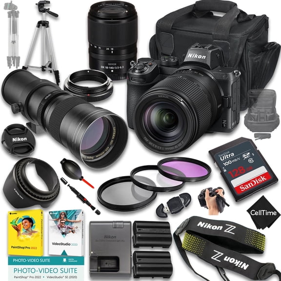 Nikon Z5 Mirrorless Camera with Z DX 18-140mm f/3.5-6.3 VR And 420-800mm f/8 Manual Super HD Telephoto Lens   128 GB Memory   Extra Battery   Camera Case   More (24pc Bundle) (International Version)