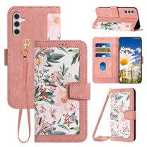 for Samsung Galaxy A26 5G Case, PU Leather Magnetic Closure RFID Blocking Card Slots Kickstand Shockproof Flip Wallet Handbag Flowers Case with Wrist Strap Shoulder Strap for Women & Girls, Pink