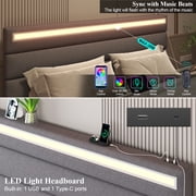 E-motie Full Upholstered Bed Frame with Storage Ottoman, Charging Station and LED, Gray Full Bed