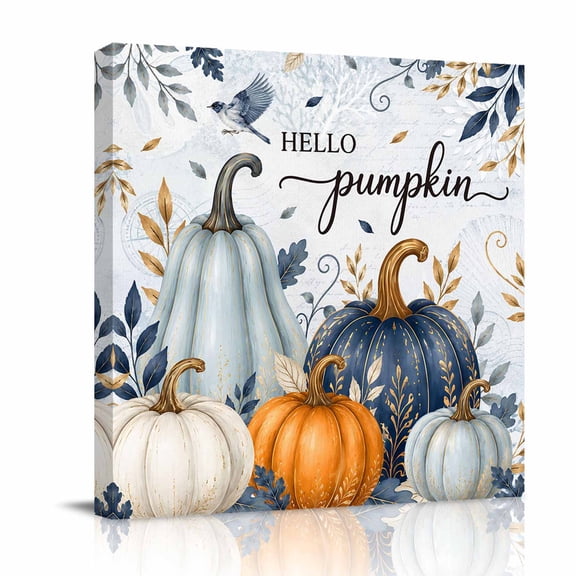 Canvas Wall Art, Hello Pumpkin Fall Framed Canvas Prints for Bedroom Office, Orange Blue Thanksgiving Botanical Coral Large Gallery Wrapped Wall Decor for Home Office, Gifts, 16"x16" Ship Next Day