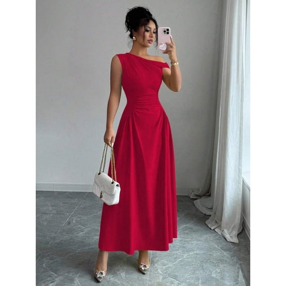Red One Shoulder Asymmetric Maxi Dress With Ruched Waist, Elegant Formal Evening Dress For Casual Vacations And Romantic Dates