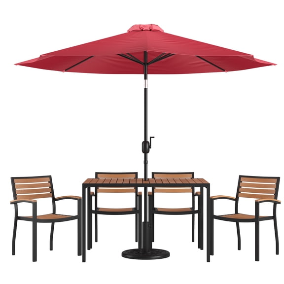 Flash Furniture Lark Series 7-Piece Steel/Aluminum Teak Patio Table and Chair Set, Red