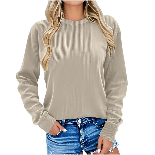Dagegui Chandails à Capuche pour Femmes en Velours Côtelé Col Rond Manches Longues chandails en Molleton Décontractés Tuniques Amples Vêtements d'Automne Beige TTTG