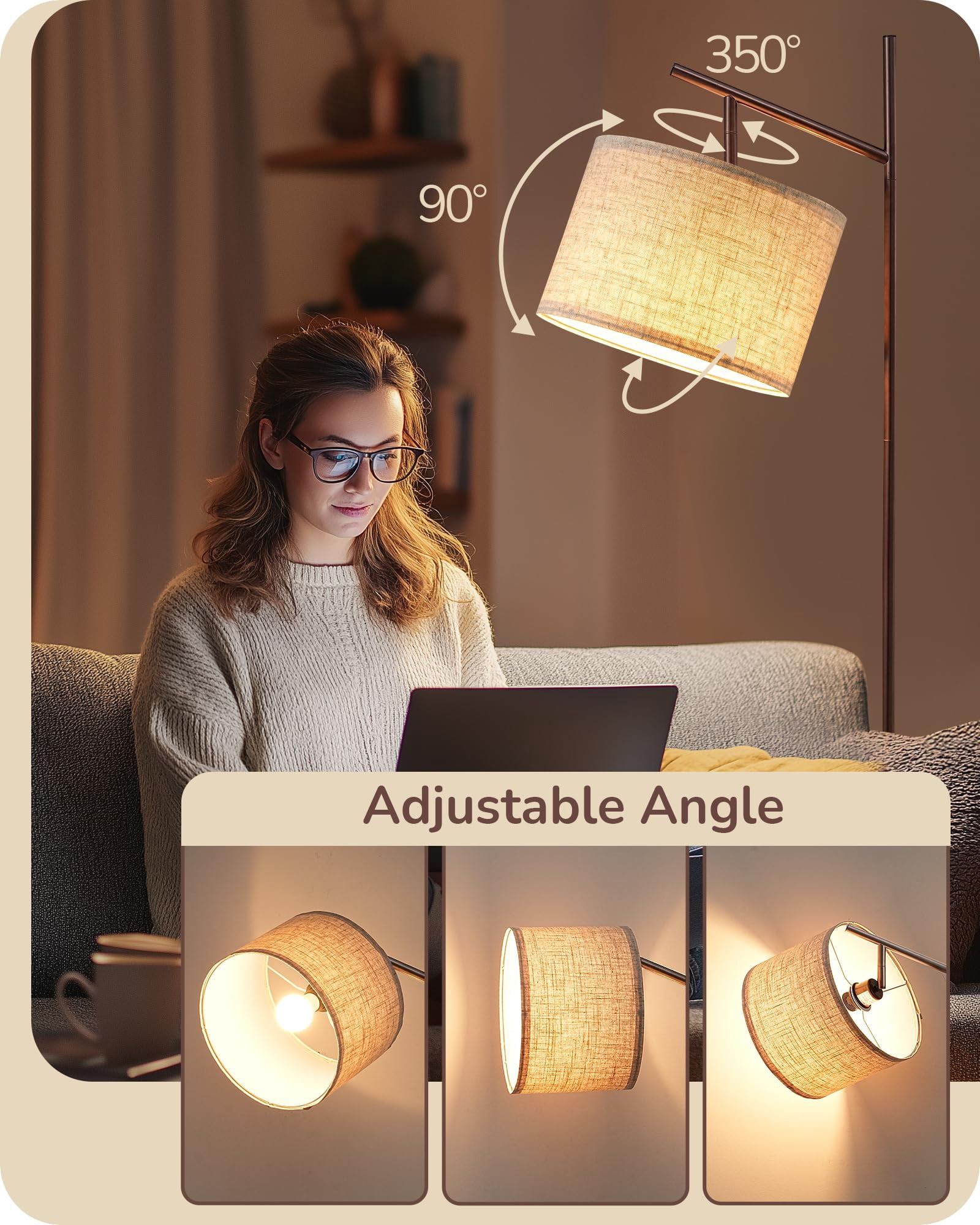 64.7" Modern Minimalist Brown Floor Lamp with Adjustable Linen Shade for Living Room Bedroom Office