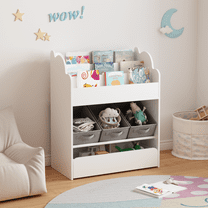 Yoneston Kids Storage Organizer with Book Rack, 3 Bins and Sliding Drawer, Toy Storage Cabinet with Scalloped Edge for Playroom, Bedroom, White