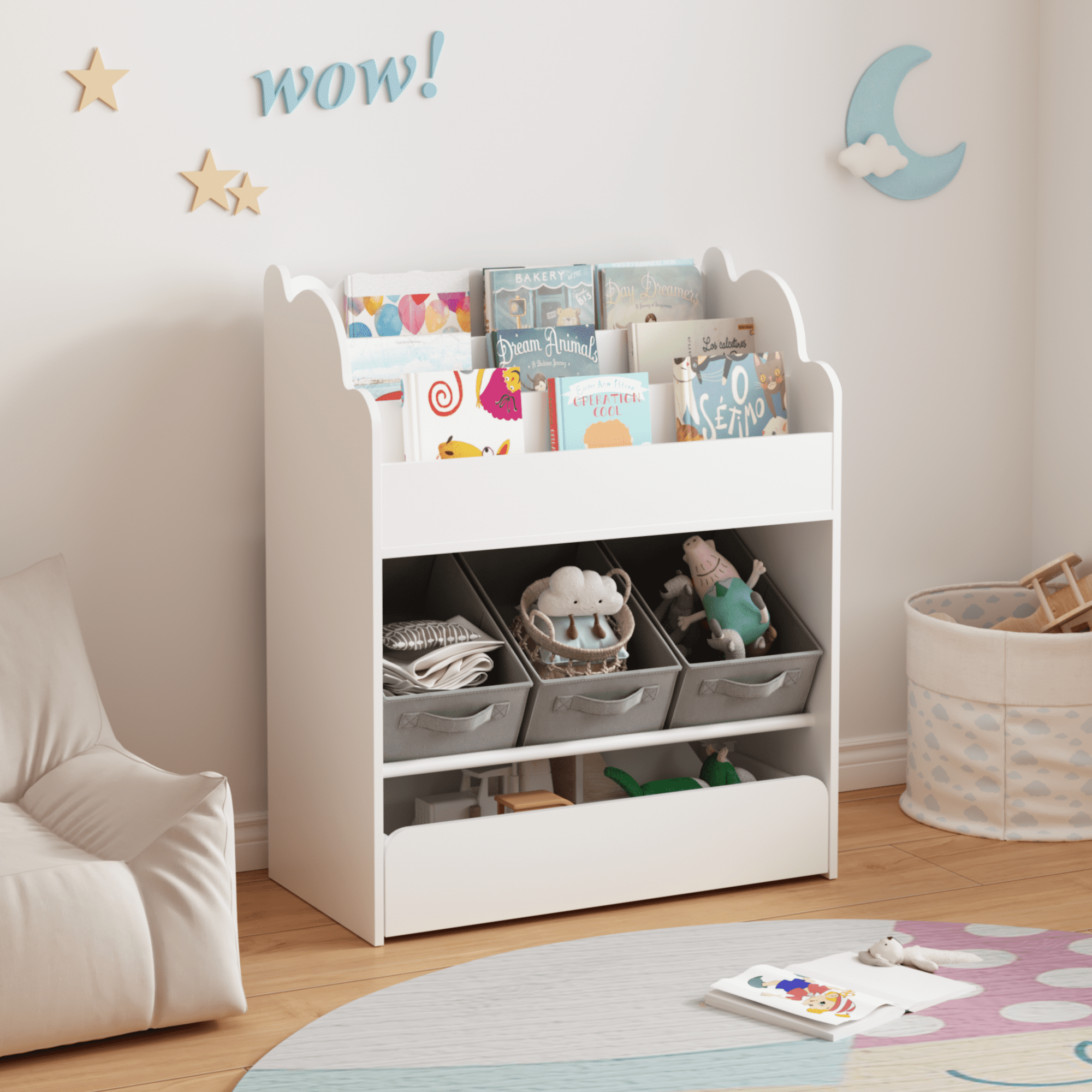 Kids Bookshelf with Storage Bins and Drawer | Multi-functional white wooden organizer for toddlers, toys, books, and nursery room