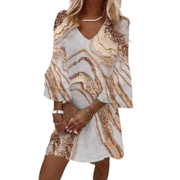Seyurigaoka Women's Summer Boho Dress 3/4 Sleeve V Neck Flowy Skirts Loose Floral Print Casual Mini Dress Casual Beach Tunic Dresses
