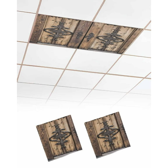 Wooden Plank Fluorescent Light Covers for Ceiling Lights 4x2 feet,2 Pack Magnetic Light Filters for Classroom,Rustic Farmhouse Brown Black Barn Door Fluorescent Light Shade Panel for Office School