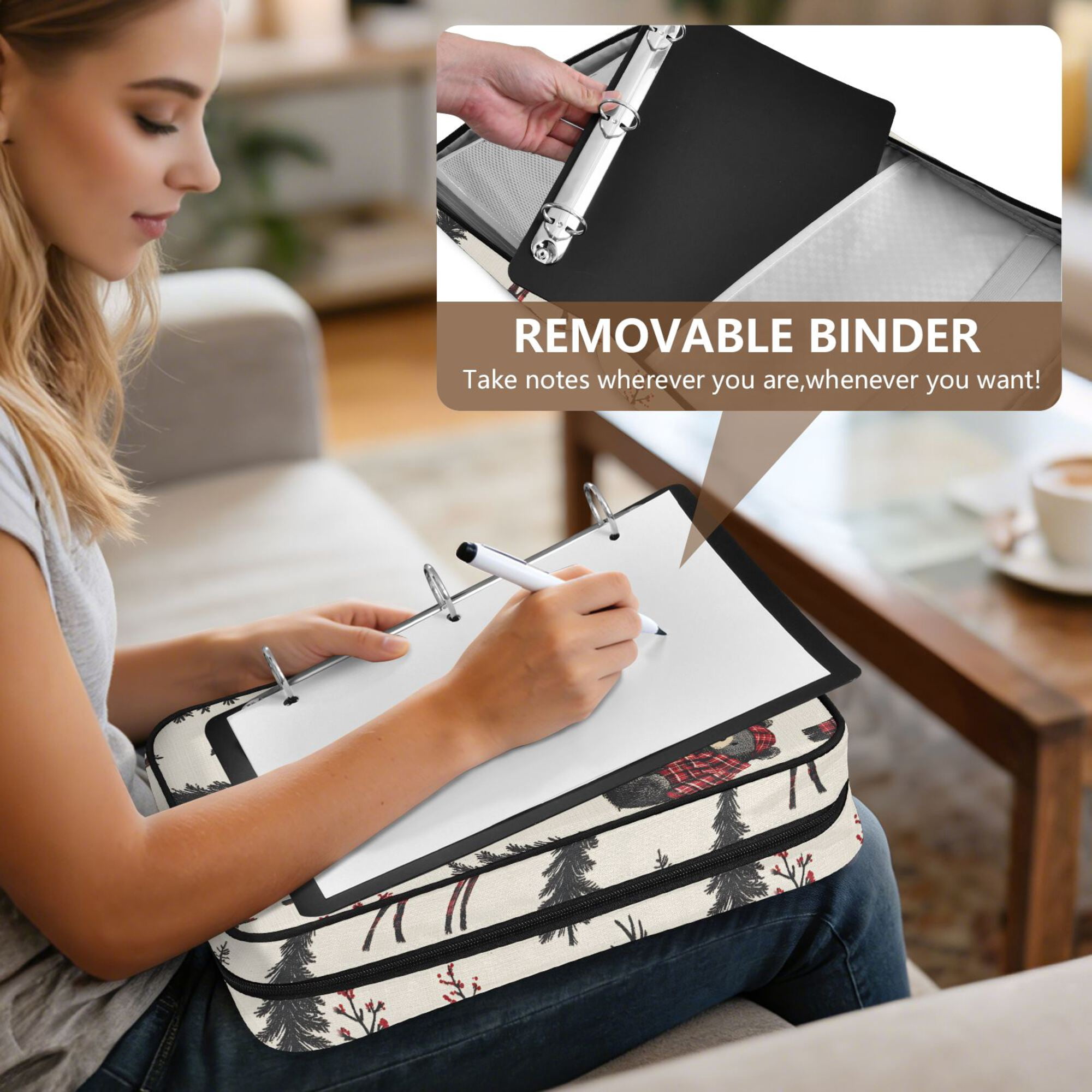 FORMRS Accordion File Folder A4 Size 7-Pocket Expanding Document Organizer Bag with 3 Ring Binder, Beige Christmas Plaid