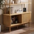 thumbnail image 6 of FURNIWAY Modern Bookshelf with Sliding Door, 4-Tier Open Display Storage Shelf with Wooden Legs, 63" Mid Century Bookshelf Cabinet for Living Room, Bedroom, Home Office, Natural, 6 of 8