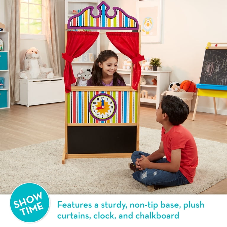 Wooden Puppet Theater with Curtains and Chalkboard photo 2
