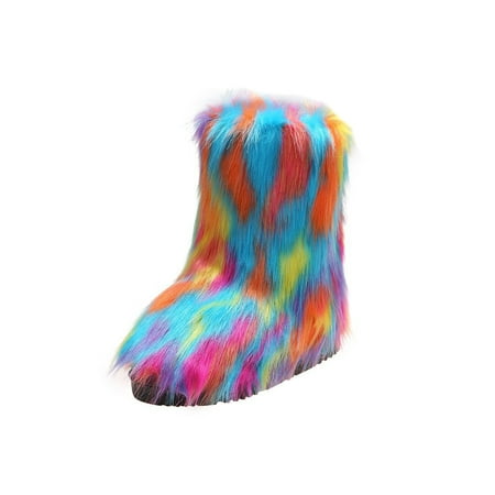 

Woobling Ladies Warm Mid-Calf Boot Color Block Booties Walking Flat Color 8