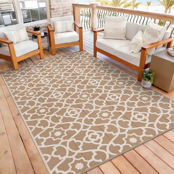 MeyJey Outdoor Rug, 5'x8' Reversible Waterproof Area Rug, Plastic Mat for RV Patio Camping, Brown/Beige