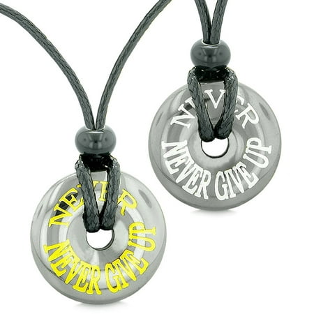 Amulets Never Never Give Up Love Couples or Best Friends Lucky Coin Donuts Hematite Pendant