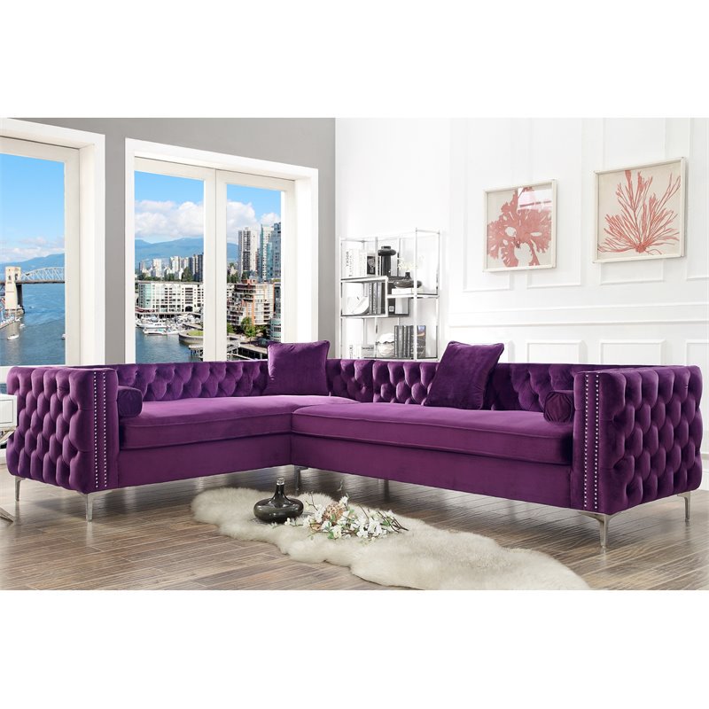 Levi Purple Velvet Corner Sectional Sofa 120 Inches Left Metal Leg