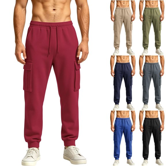 Men's Casual Solid Color Cargo Pants, Loose Fit Elastic Drawstring Waist Athletic Workout Trousers with Multi Side Flap Pockets Wine 2XL