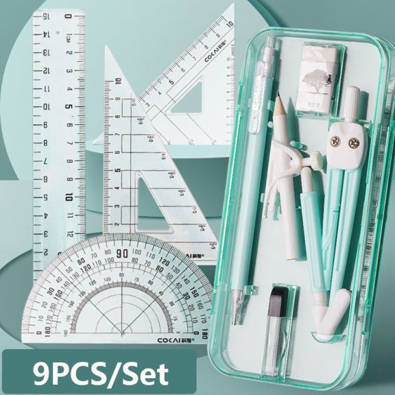 9PCS/Set Plastic Multi-Function Set Square Transparent Eraser Mechanical Pencil Ruler Set Pencil Compass Kit Measuring Ruler Protractor GREEN
