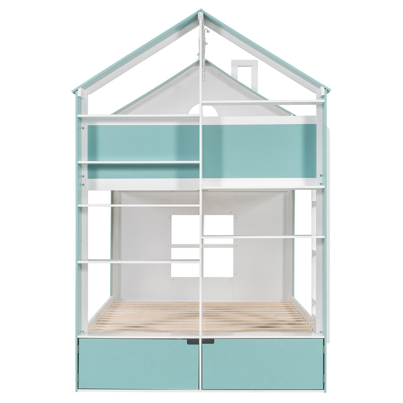 Full-Over-Full Two-Tone Accent Bunk Bed Frame with Cabinet, Drawers & Shelves, Modern Storage Kids Bed with LED Light Strip