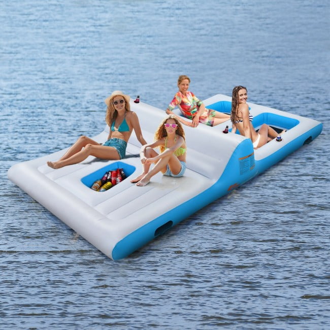GYMAX Inflatable Floating Island 12ft x 6.5ft 4-6 Person Giant Inflatable Float Raft with Ice Chest & Built-in Cup Holders Lounge & Wading Combo Electric Air Pump Included 