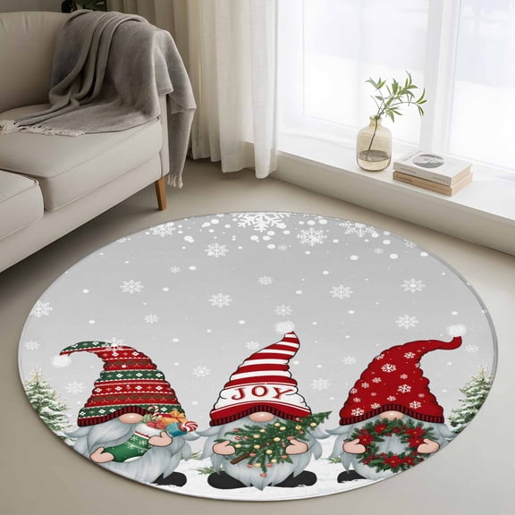 Grey Christmas Gnomes Round Area Rug 3 FT,Small Kitchen Bathroom Mat,Xmas Trees Snowflake Winter Holiday Washable Indoor Outdoor Throw Runner Carpet Doormat for Table Shower Sofa Entryway