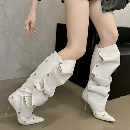 

UIX High Heeled Pointed Toe PU Fashionable Boot Stitching for Casual Wear Stacked Knee High Boots