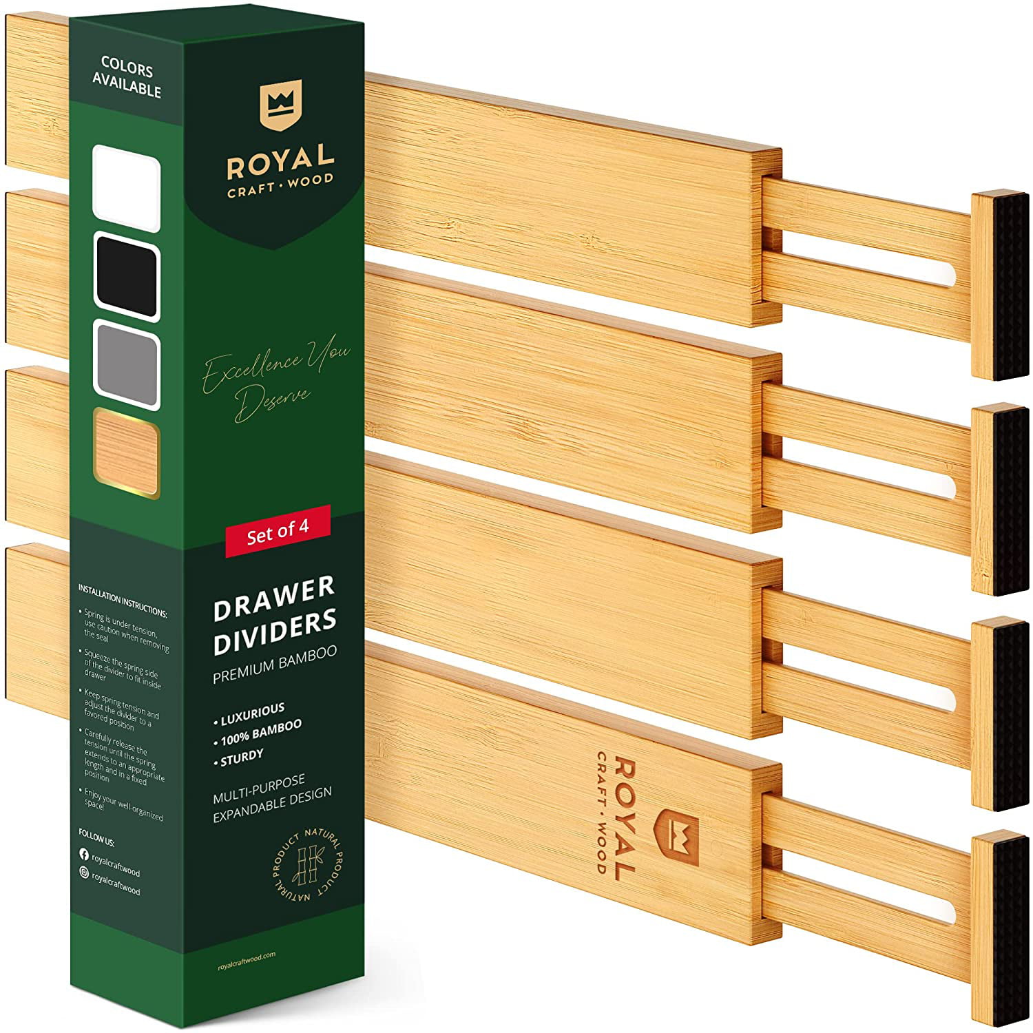 Expandable Drawer Organizer/Divider Kitchen Storage 4 Pack Closet for Bedroom Wooden-Life Dresser Drawer Organizers Bathroom Office