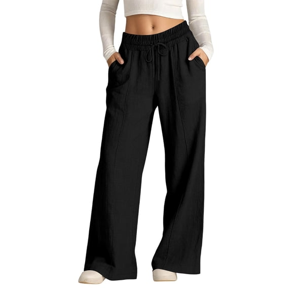 JIAYUE Women Sweatpants Solid Color Elastic Drawstring Waist Side Pockets Wide Leg Long Pants for Daily Sport Wear