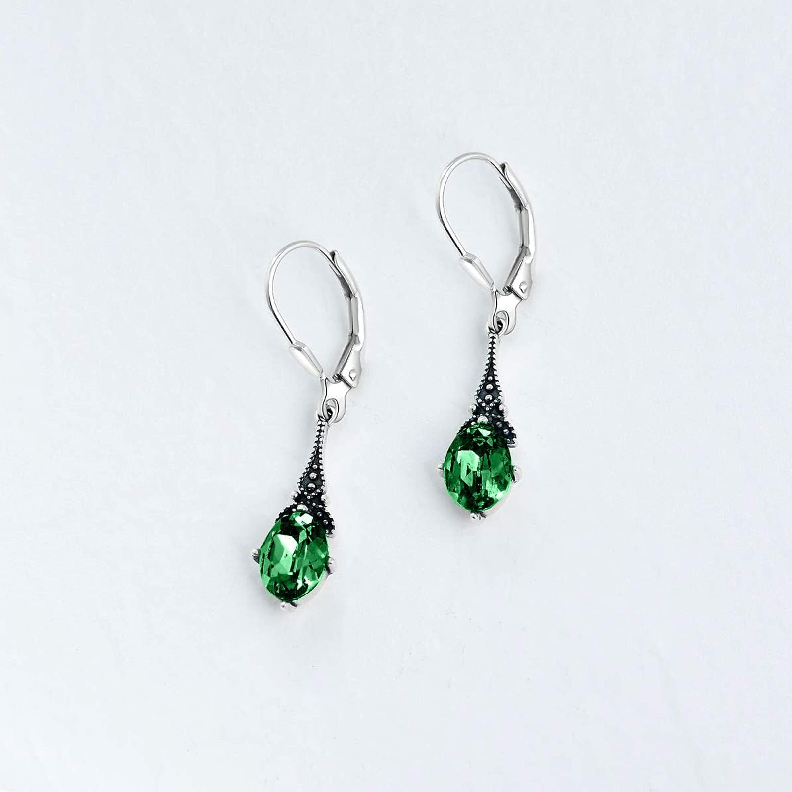 SISGEM Vintage Earrings for Women Sterling Silver Retro Drop Dangle Leverback Earrings with Oval Cut Genuine Stone Crystal from Austria, Anniversary Birthday Jewelry Gifts for Women