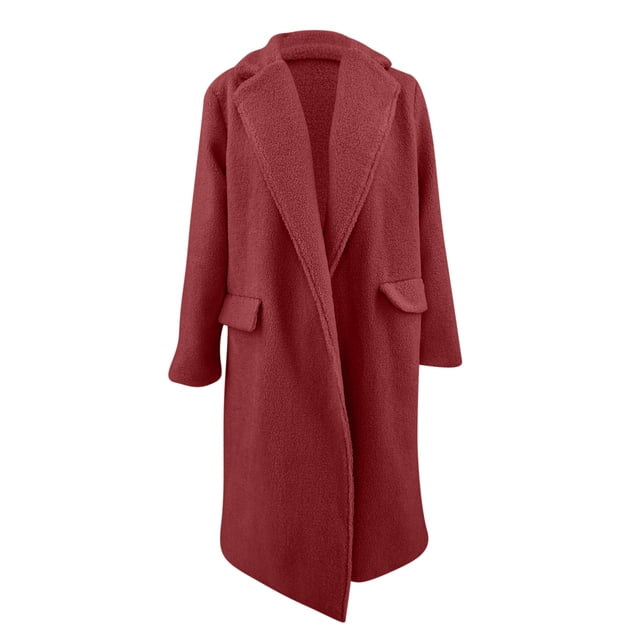Yuyuzo Womens Plush Overcoat Lapel Neck Open Front Warm Coat Solid Color Winter Outwear with Pockets