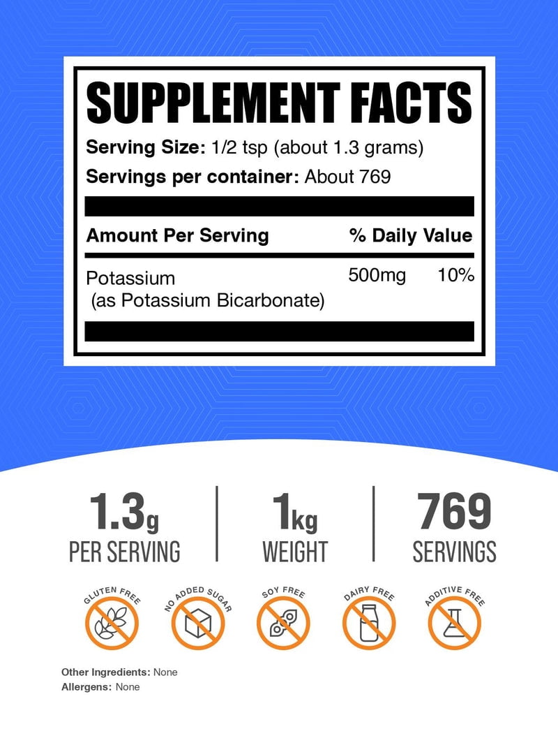 BulkSupplements Potassium Bicarbonate Powder - 1.3g per Serving - 1 Kilogram (2.2 lbs) - 769 Servings