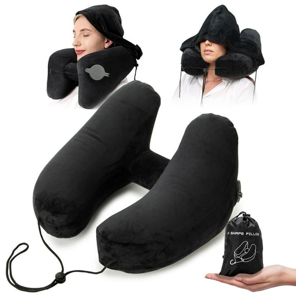 Ouwald Travel Pillow, Inflatable Neck Pillow for Travel, Hooded Travel Neck Pillow for Airplane Sleeping, Adjustable Neck Support Flight Pillow with Storage Bag, Black