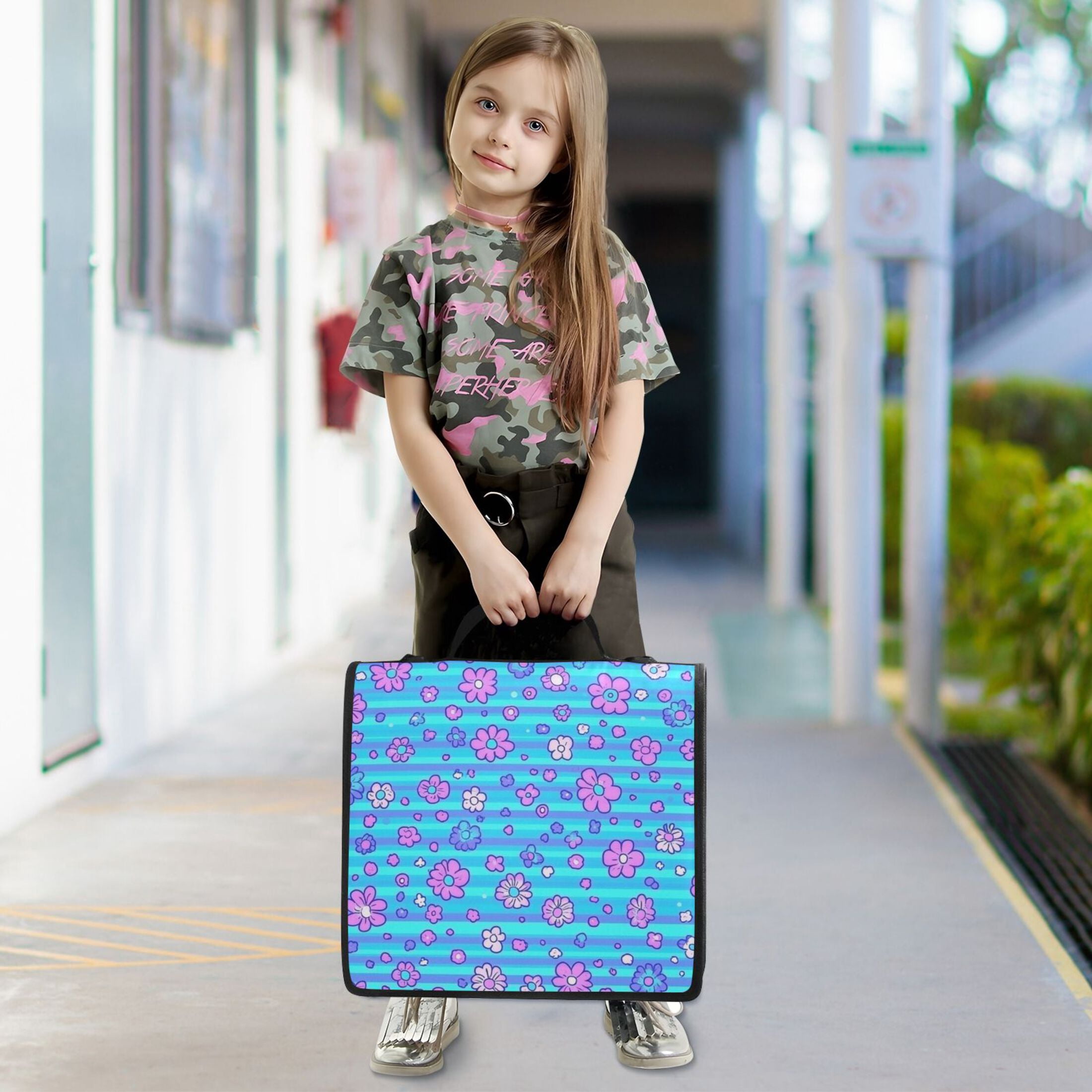 3 Ring Zipper Binder with Shoulder Strap Waterproof Trapper Keeper 2 Inch D-Ring 500 Sheets Capacity Blue Stripes with Cute Flowers