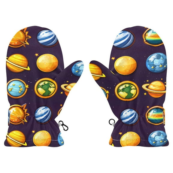 Cartoon Planets Pattern Cold Weather Mittens Cozy Gloves with Adjustable Fit Perfect for Outdoor Fun