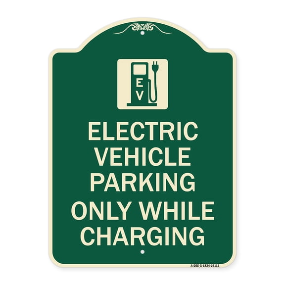SignMission Designer Series Sign - Electric Vehicle Parking Only While Charging with Graphic | Green & Tan 18" x 24" Heavy-Gauge Aluminum Architectural Sign | Made in the USA