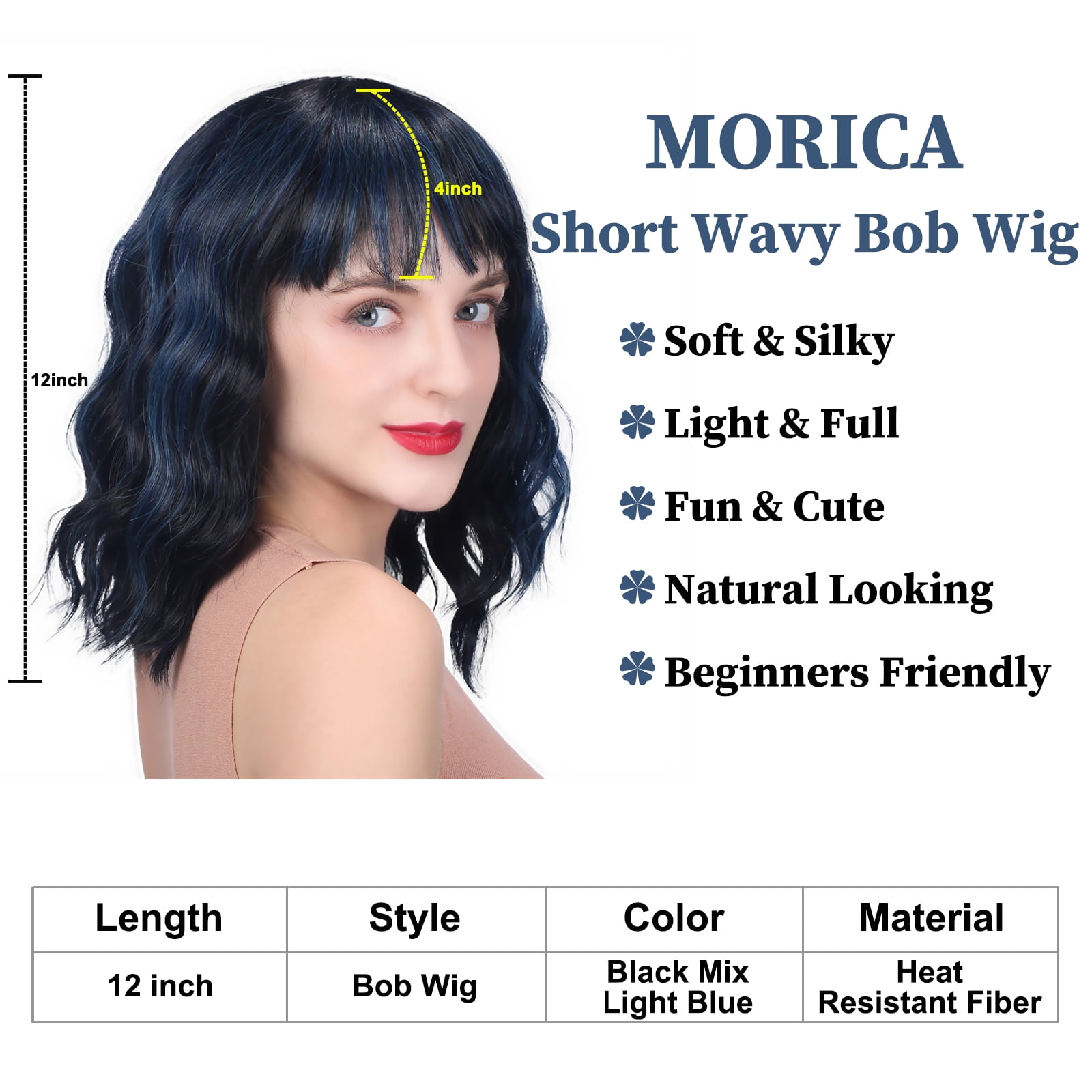 ?NAIMA 12” BLACK SHORT WAVY BANG BOB Wig * NWT* MORICA Curly Bob Wig with Bangs 12 inch Short Wavy Black Mix  main image 3
