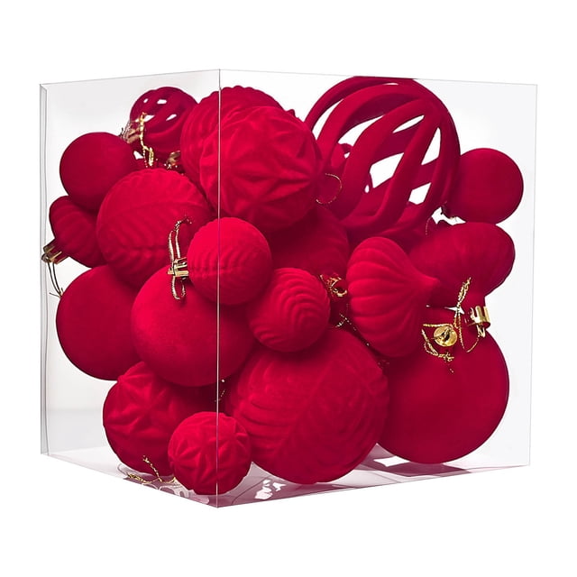 Bolas Navideñas de Flocado con Formas Especiales, 36 Adornos Pintados de Terciopelo Rojo | Decoraciones Navideñas de Tela Suave | Adornos para Árbol Multifuncionales, Guirnaldas y Centros de Mesa